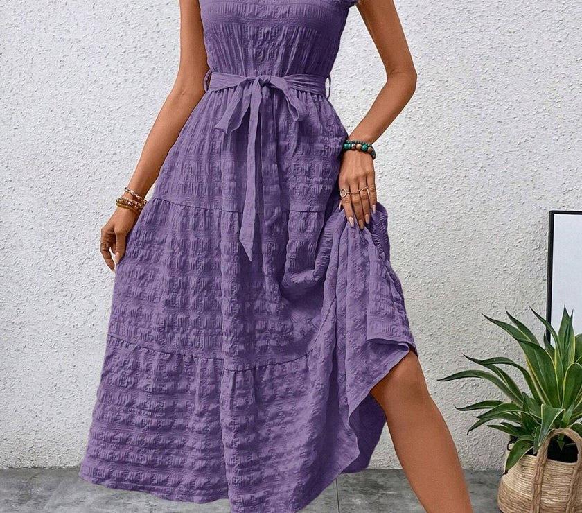 Tied Ruffled Cap Sleeve Midi Dress