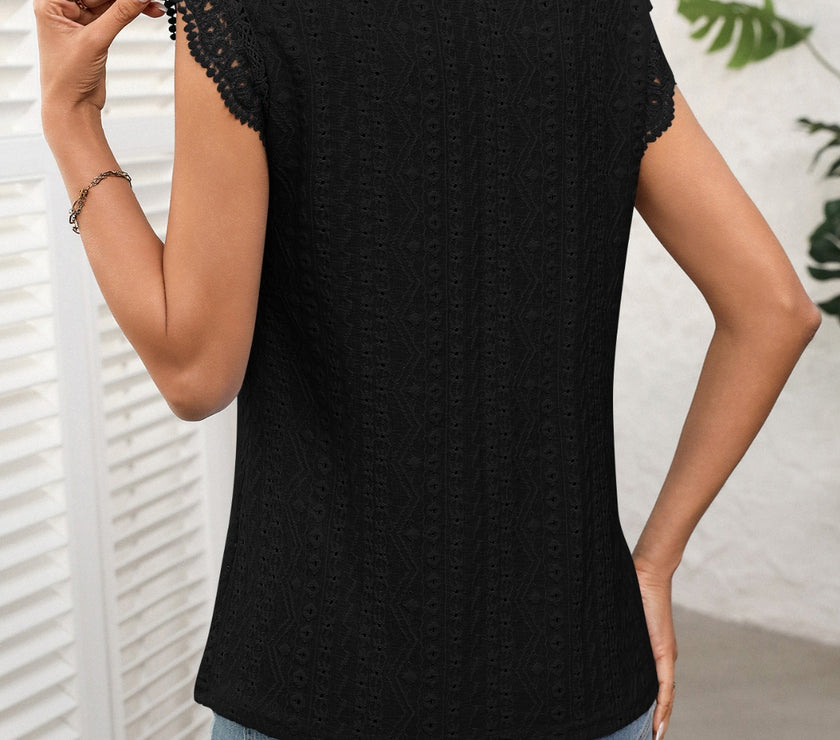 Lace Detail Round Neck Cap Sleeve Top