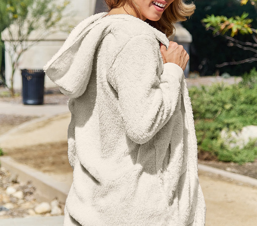 Double Take Full Size Hooded Teddy Bear Jacket with Thumbholes