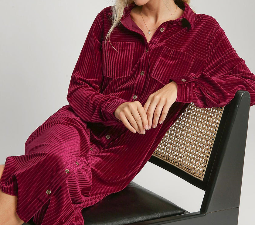 Umgee Texture Curved Hem Button Down Shirt Dress