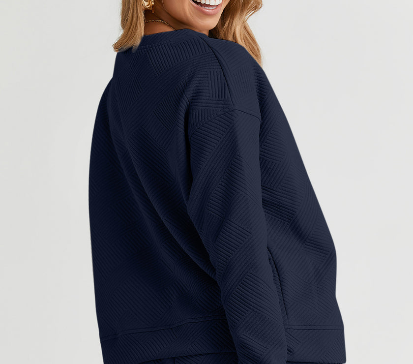 Double Take Full Size Texture Long Sleeve Top and Drawstring Shorts Set