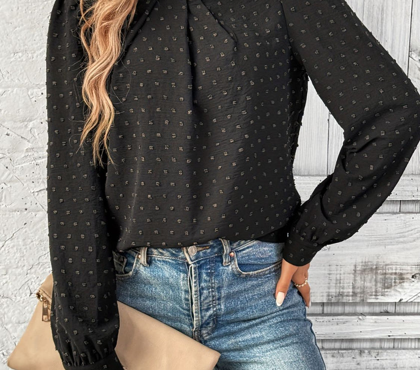 Swiss Dot Mock Neck Long Sleeve Blouse