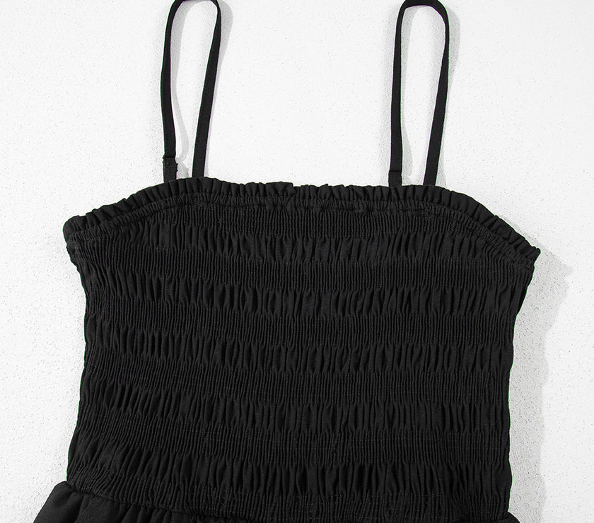 Black Spaghetti Straps Shirred Bodice Pocketed Wide Leg Jumpsuit