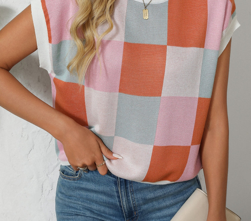 Mandy Checkered Round Neck Cap Sleeve Knit Top