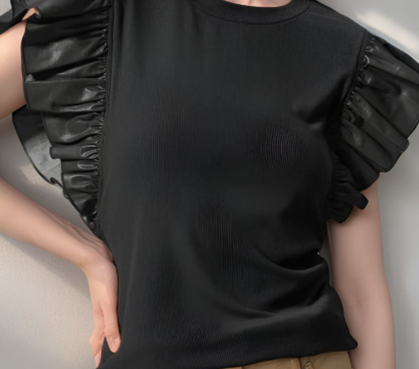 Ruffled Round Neck Cap Sleeve Blouse