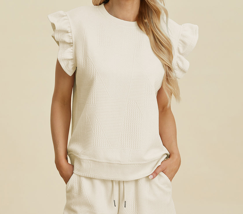 Double Take Full Size Texture Round Neck Ruffle Sleeve Top and Shorts Set