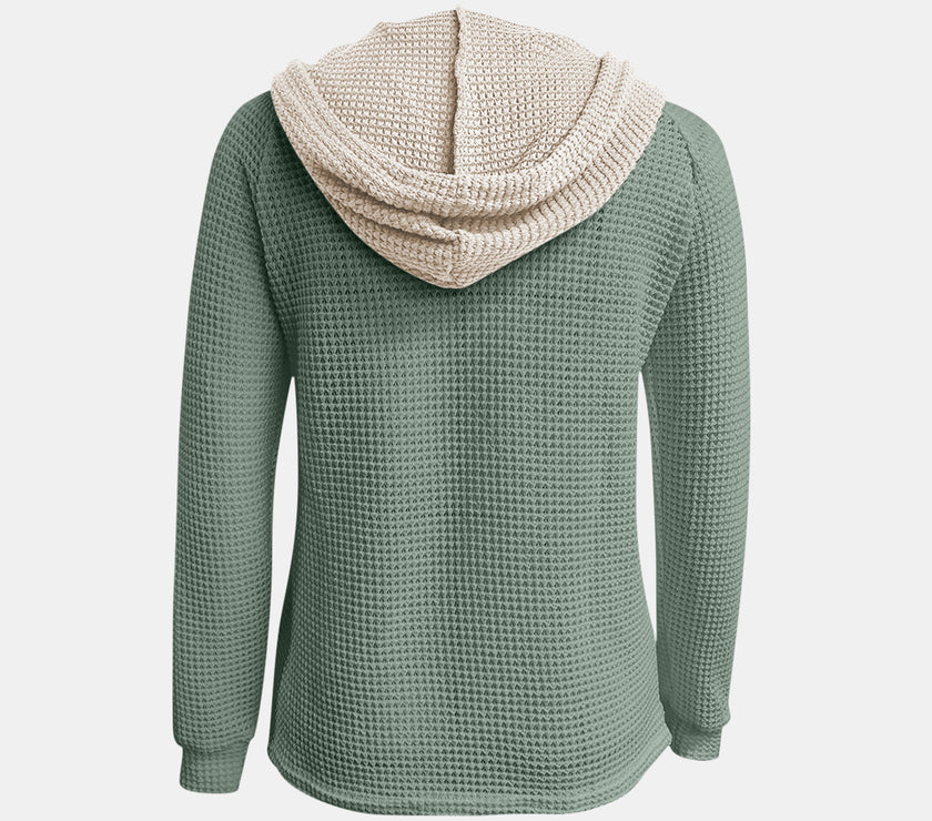 Full Size Waffle-Knit Contrast Long Sleeve Hoodie