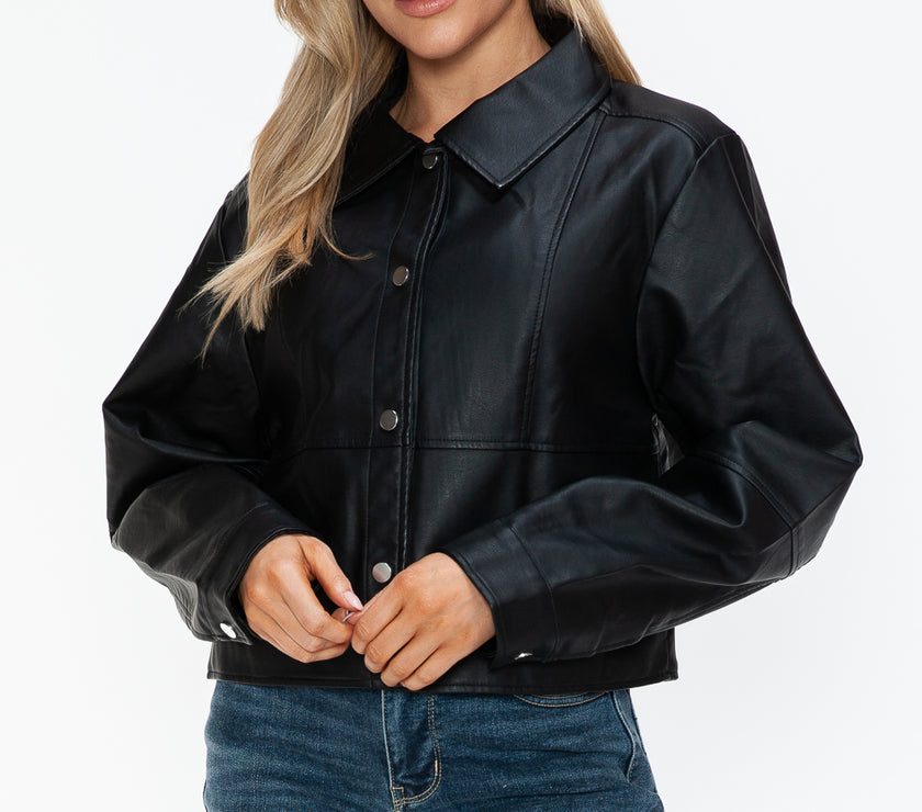 Snobbish Snap Down Long Sleeve PU Leather Jacket
