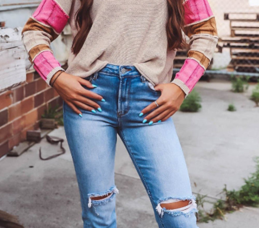 Color Block Round Neck Long Sleeve  Sweater