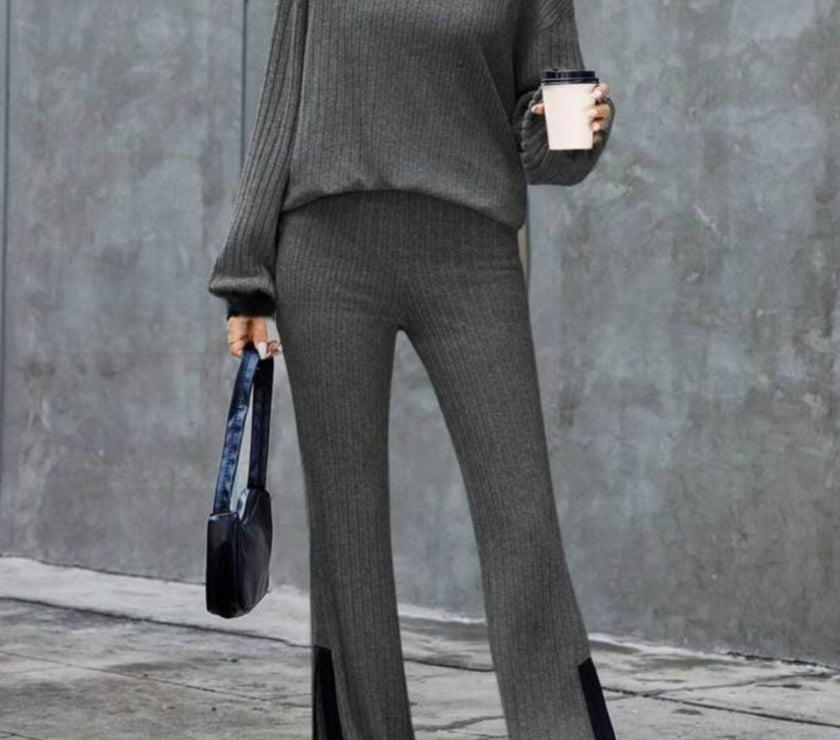 Contrast Round Neck Long Sleeve Top and Bootcut Pants Set
