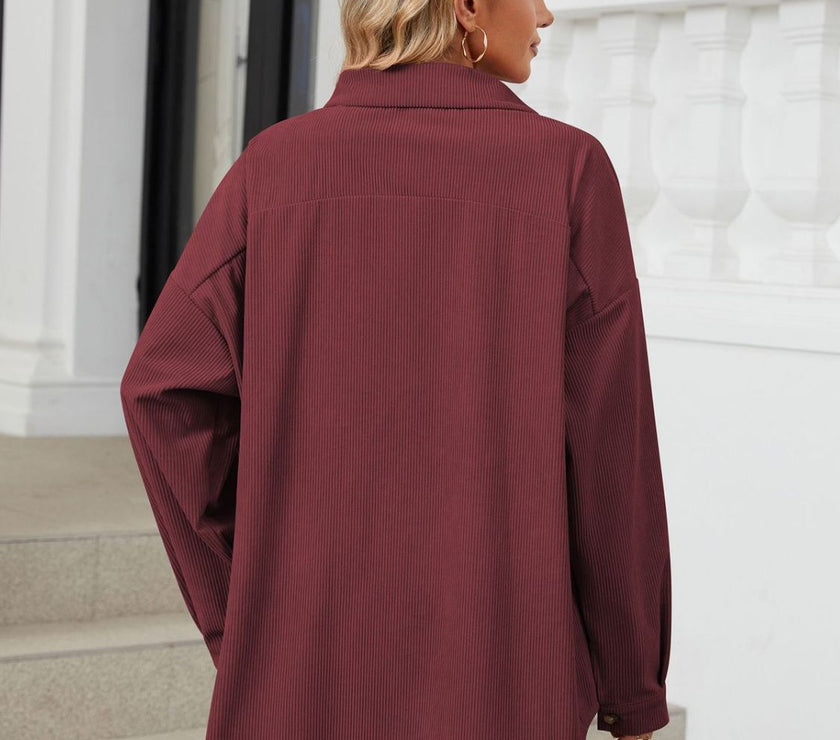 Collared Neck Long Sleeve Dropped Shoulder Shirt