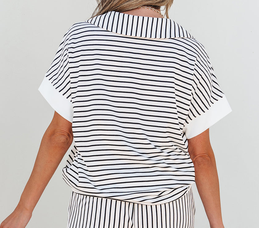 Black Stripe V Neck Tee and Casual Short Set