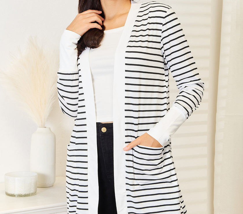 Double Take Striped Open Front Longline Cardigan
