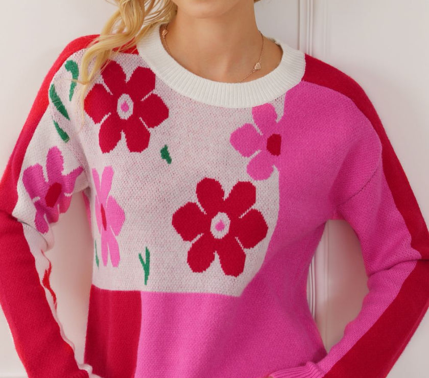 Flower Color Block Round Neck Sweater