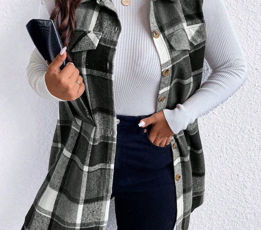Honey Plus Size Pocketed Plaid Button Up Vest Coat
