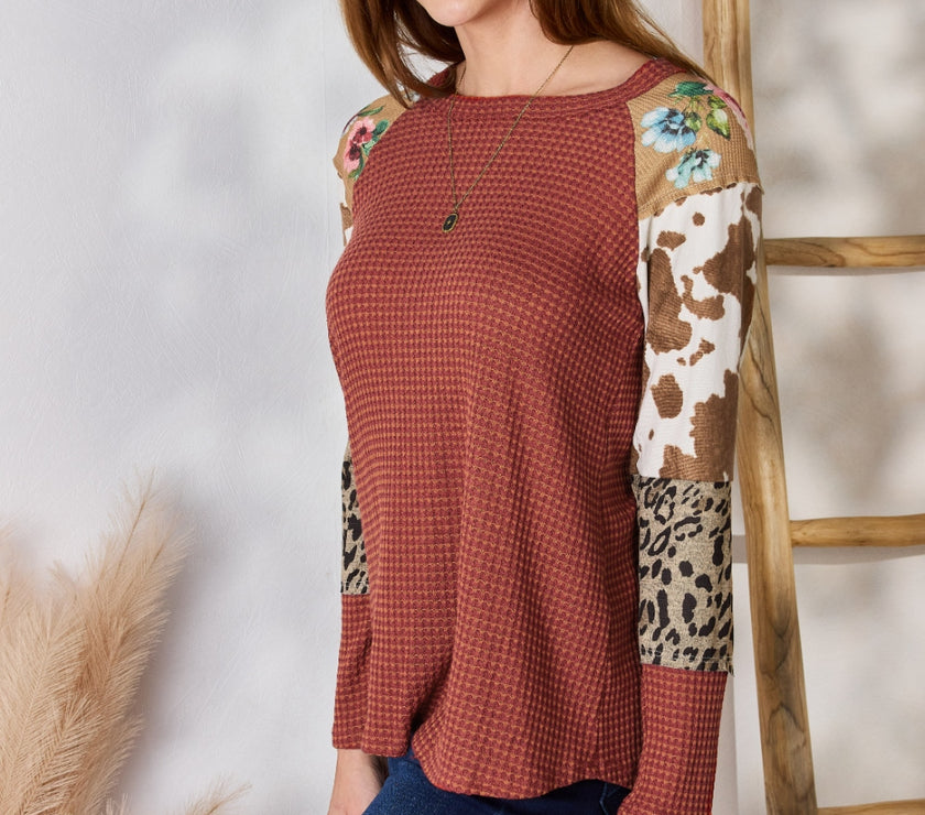 Hailey & Co Full Size Leopard Waffle-Knit Blouse