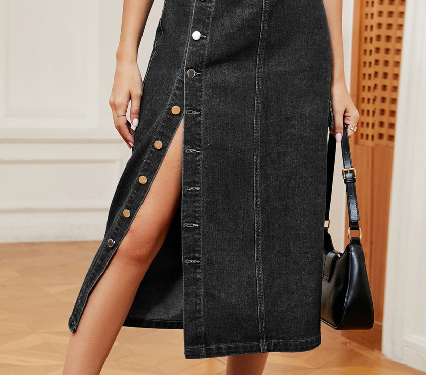Button Down Midi Denim Skirt