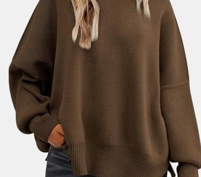 Round Neck Drop Shoulder Slit Sweater