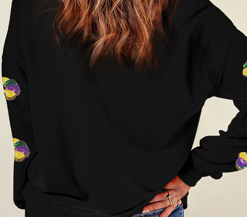 Black Sequined Donuts of Mardi Gras Colors Drop Shoulder Sweatshirt