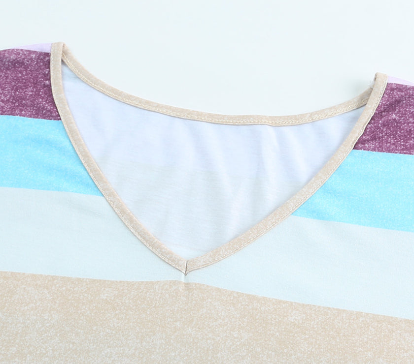 Striped V-Neck Curved Hem Midi Dress