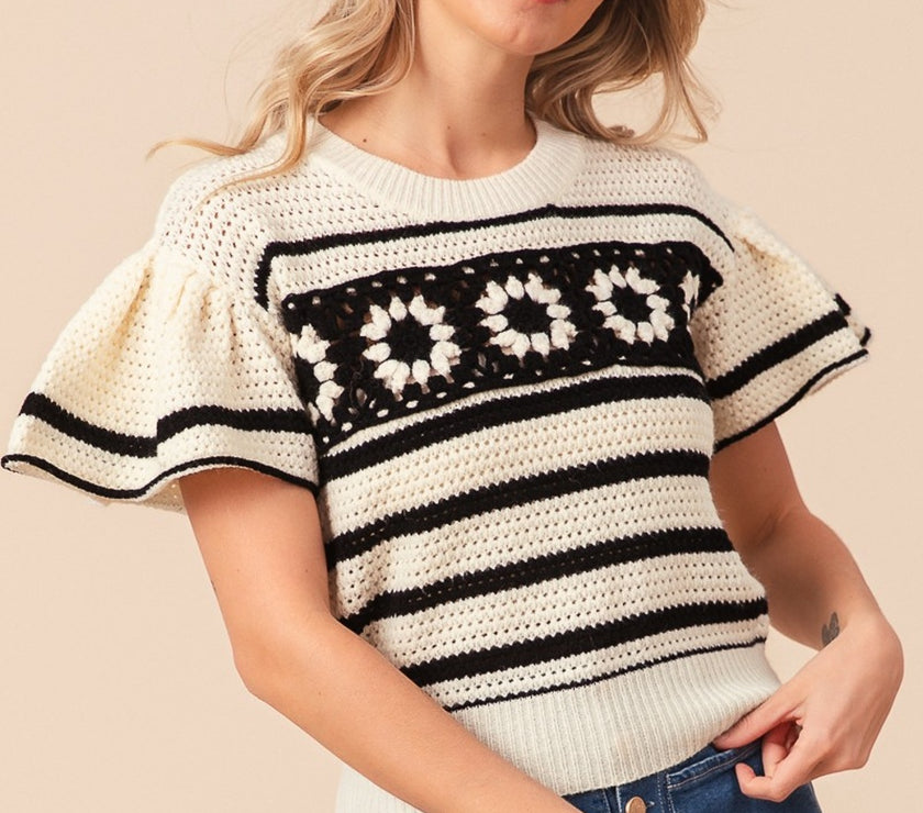 BiBi Granny Square Short Sleeve Striped Sweater