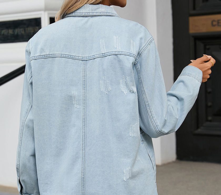 Flap Pocket Raw Hem Denim Jacket