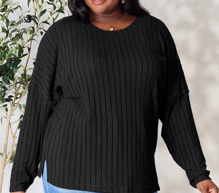 Basic Bae Full Size Ribbed Round Neck Slit Knit Top