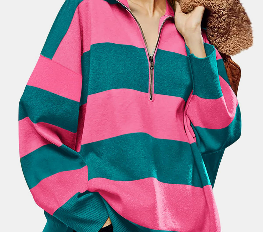 Color Block Half Zip Long Sleeve Sweater