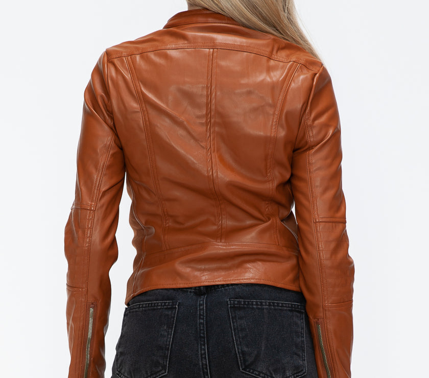 Snobbish Faux Leather Zip Up Drawstring Hooded Jacket