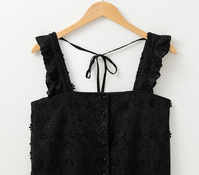 Embroidered Square Neck Wide Strap Tank