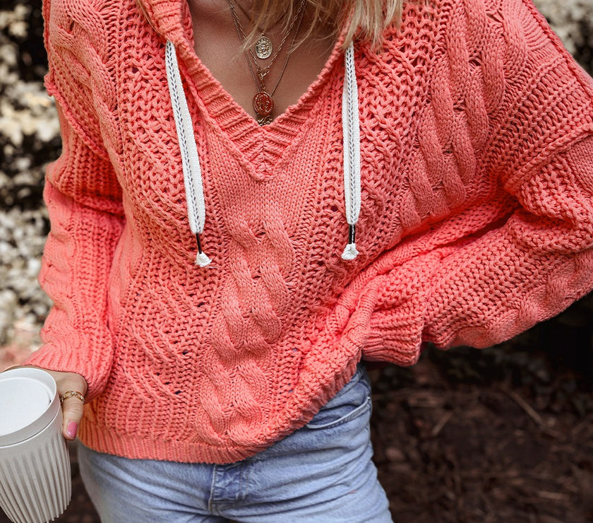 Drawstring Cable-Knit Hooded Sweater