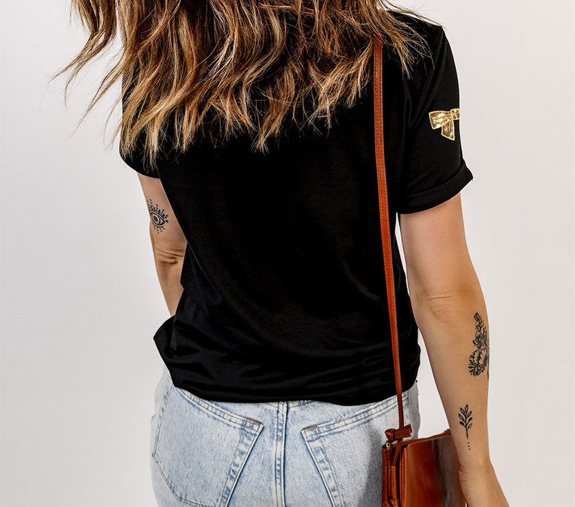 Bow Print Sequin Round Neck Short Sleeve T-Shirt