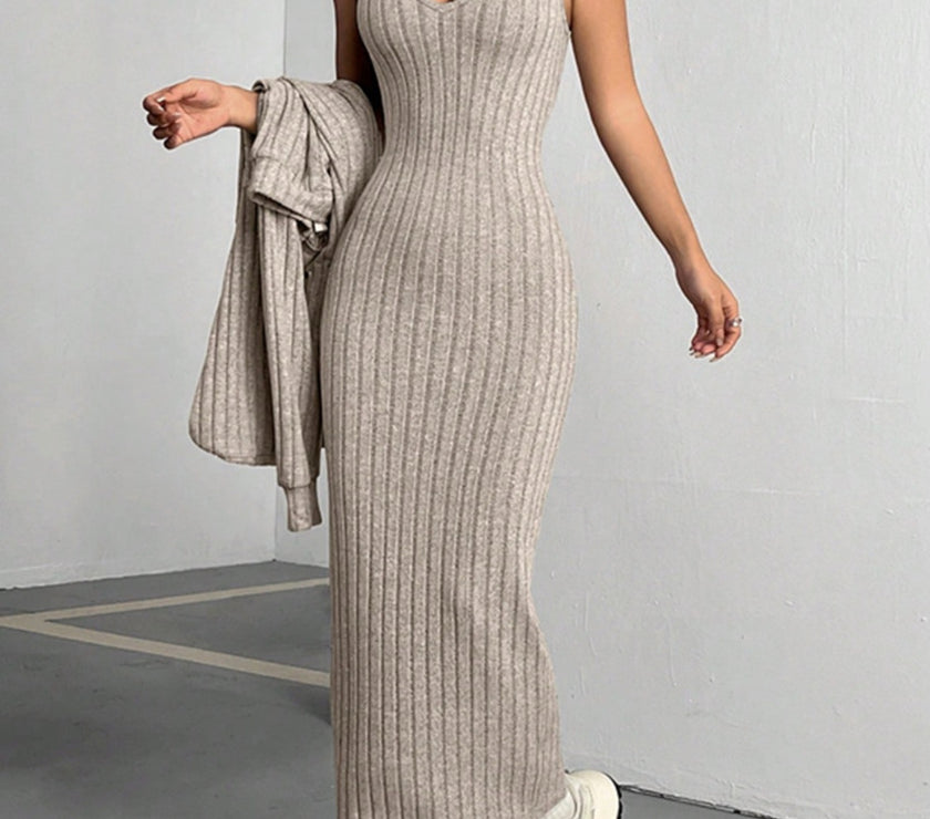 Ribbed Cropped Hooded Top and V-Neck Tank Dress Set