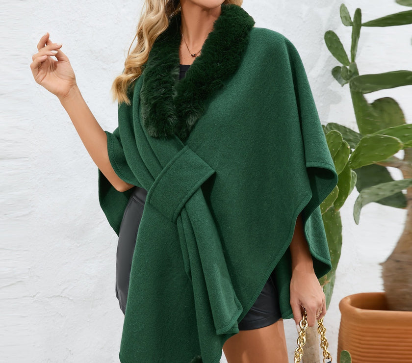 Fuzzy Trim Open Front Poncho