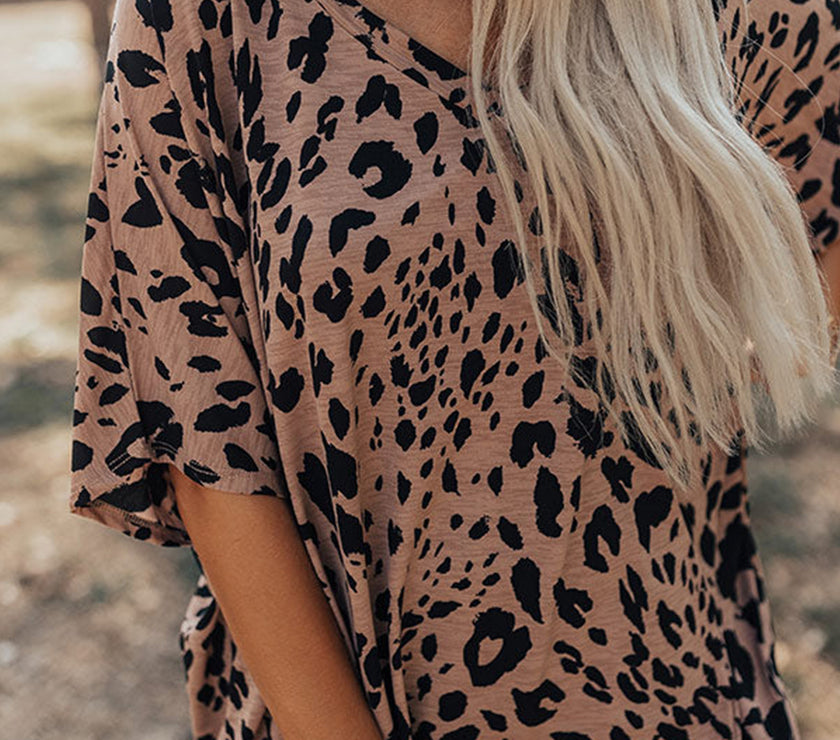 Brown Leopard Print V Neck Half Sleeve Oversized Tee
