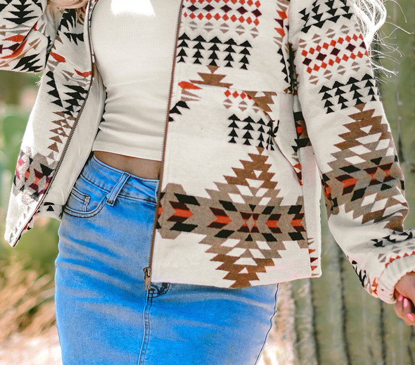 Beige Aztec Printed Stand Neck Zip Up Jacket
