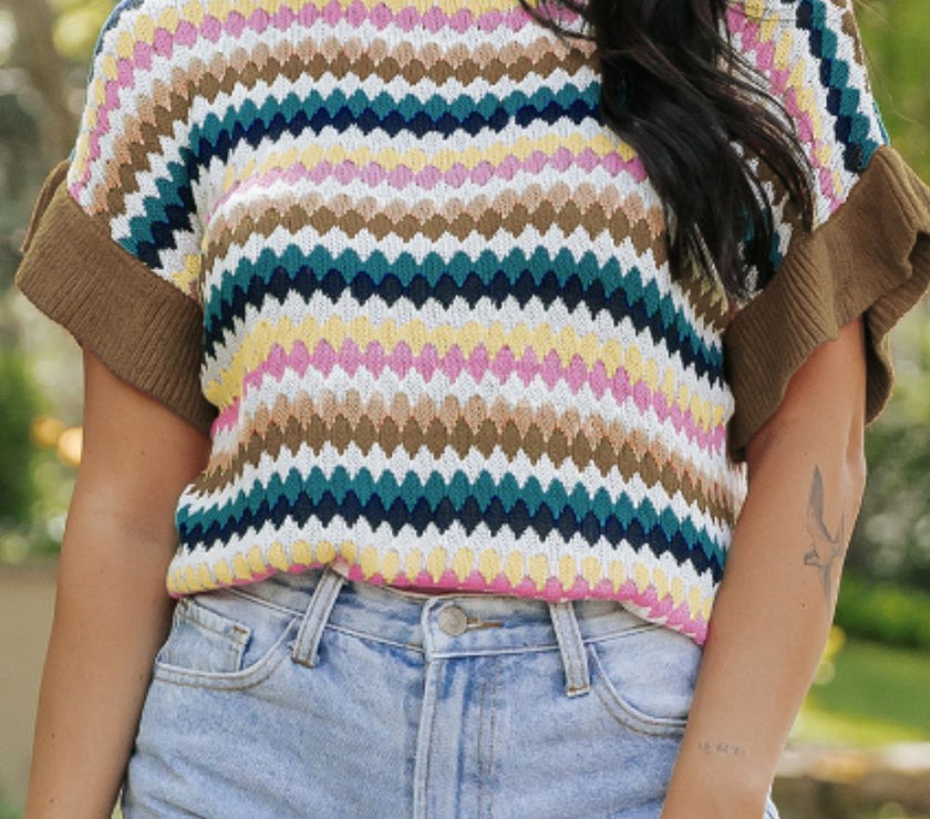 Contrast Round Neck Short Sleeve Sweater