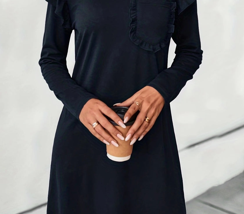 Ruffled Round Neck Long Sleeve Mini Dress