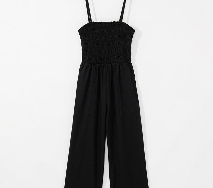 Black Spaghetti Straps Shirred Bodice Pocketed Wide Leg Jumpsuit
