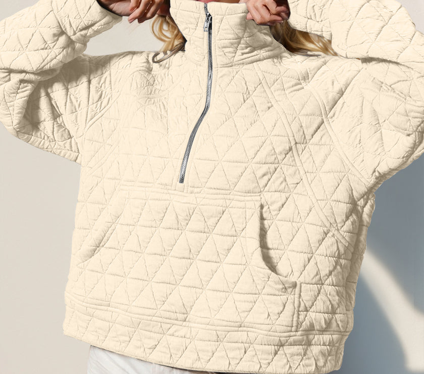 Double Take Half Zip Long Sleeve Quilted Sweatshirt with Pocket