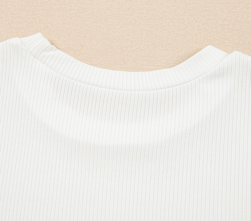 White Eyelet Pattern Short Sleeve Patchwork Ribbed Top