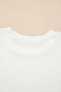 White Eyelet Pattern Short Sleeve Patchwork Ribbed Top