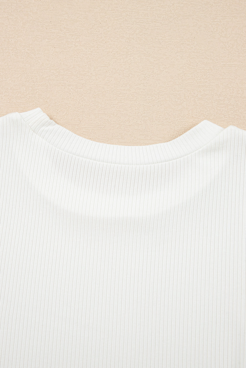 White Eyelet Pattern Short Sleeve Patchwork Ribbed Top