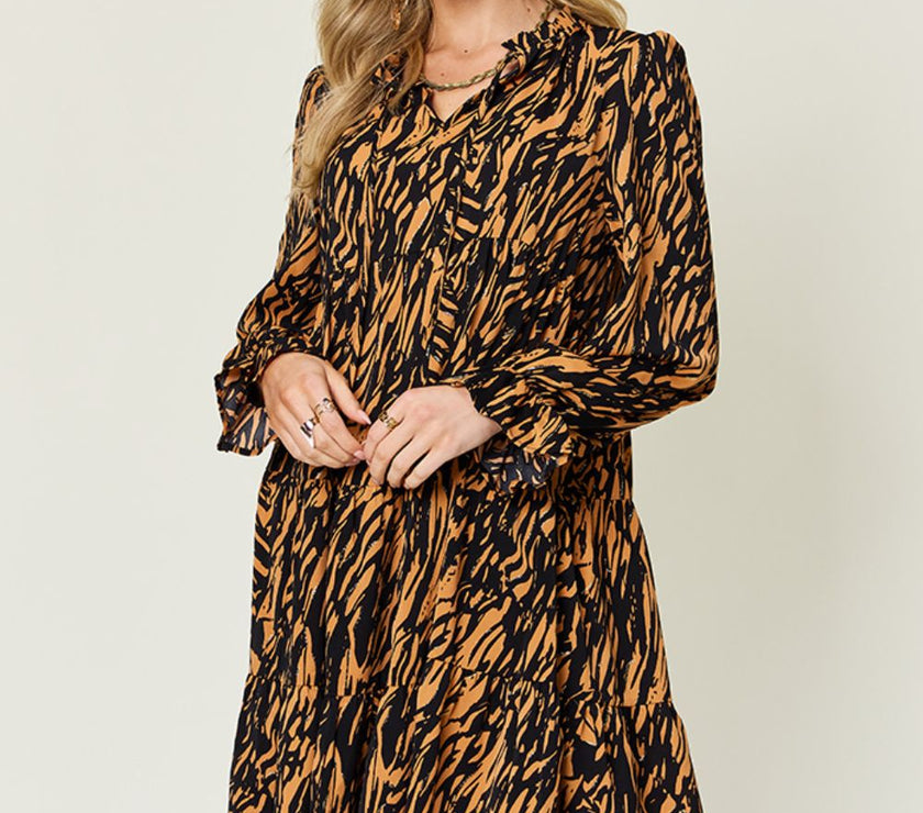 Double Take Full Size Printed Ruffle Hem Long Sleeve Dress