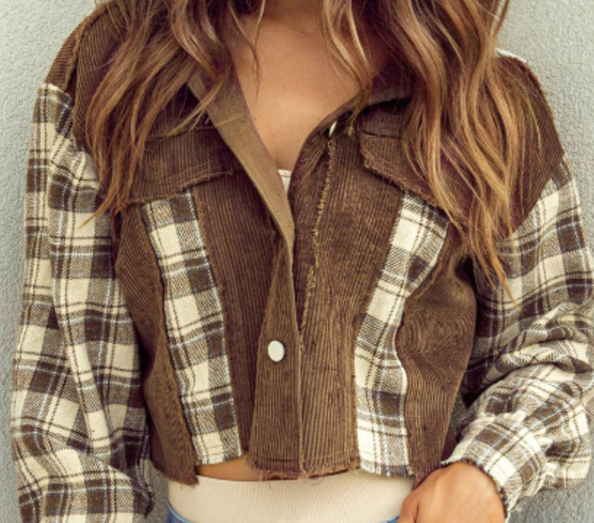Raw Hem Plaid Cropped Hooded Jacket