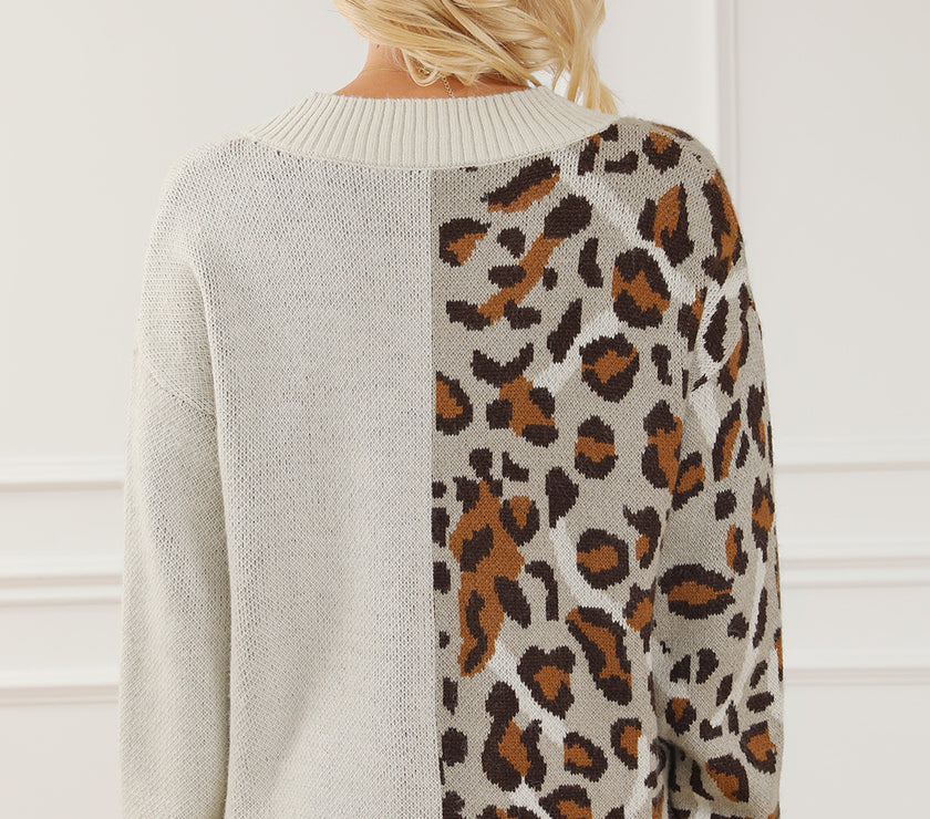 Leopard V Neck Drop Shoulder Sweater