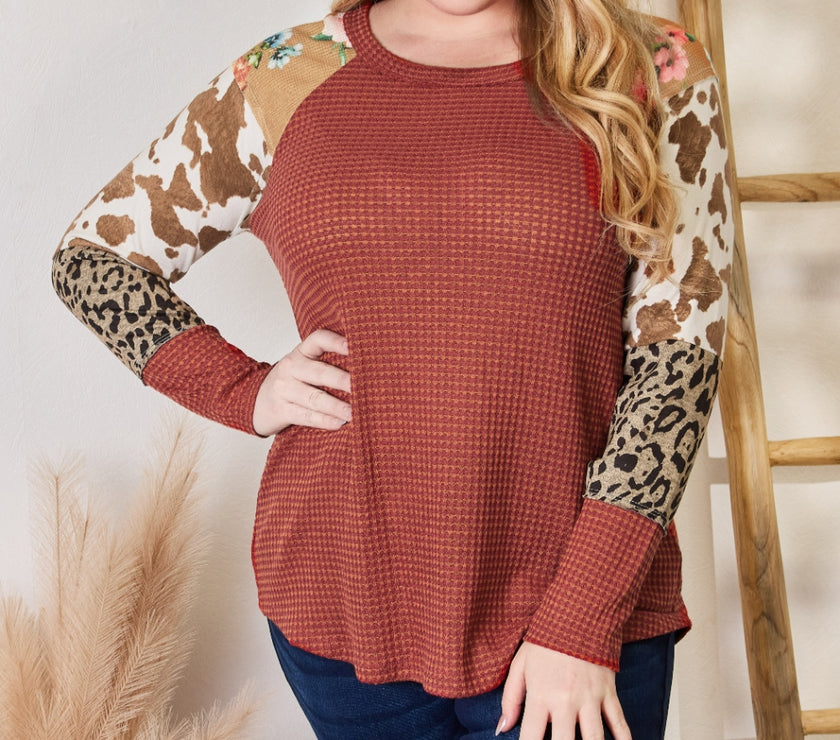 Hailey & Co Full Size Leopard Waffle-Knit Blouse