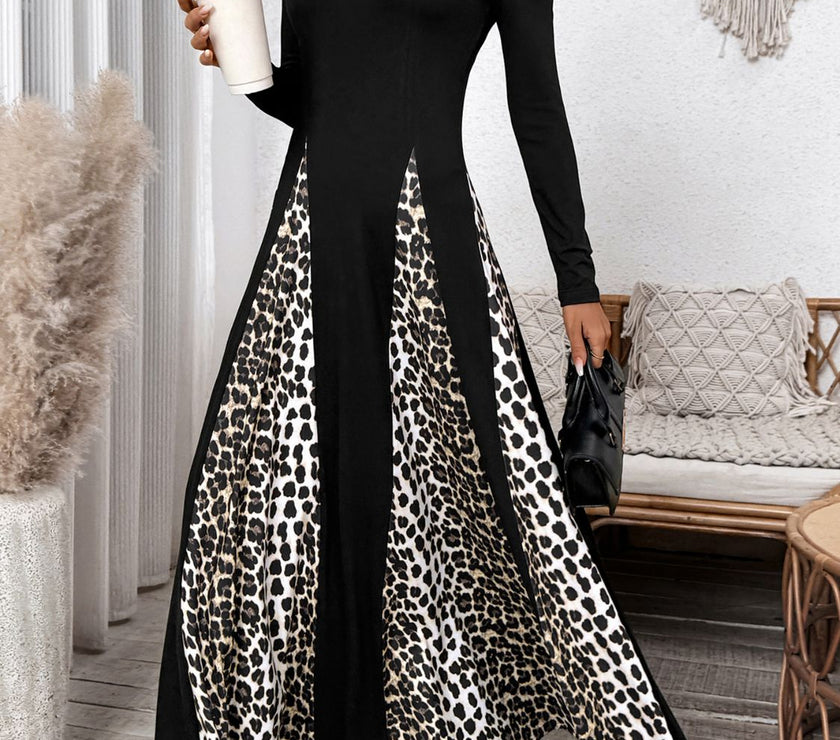 Perfee Leopard Square Neck Long Sleeve Maxi Dress