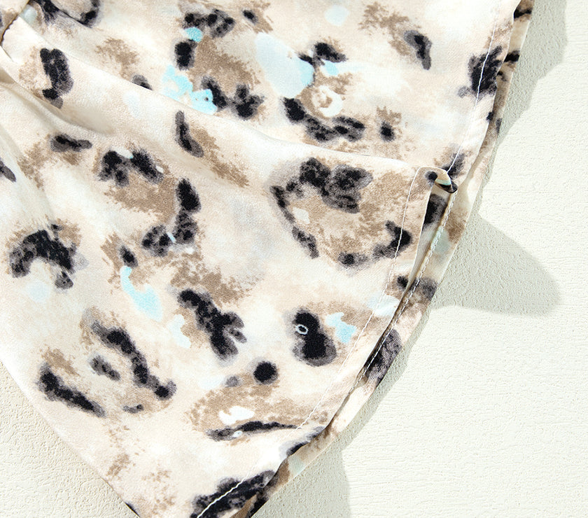 Khaki Leopard Print Buttoned Front 3/4 Sleeve Tiered Ruffled Hem Dress