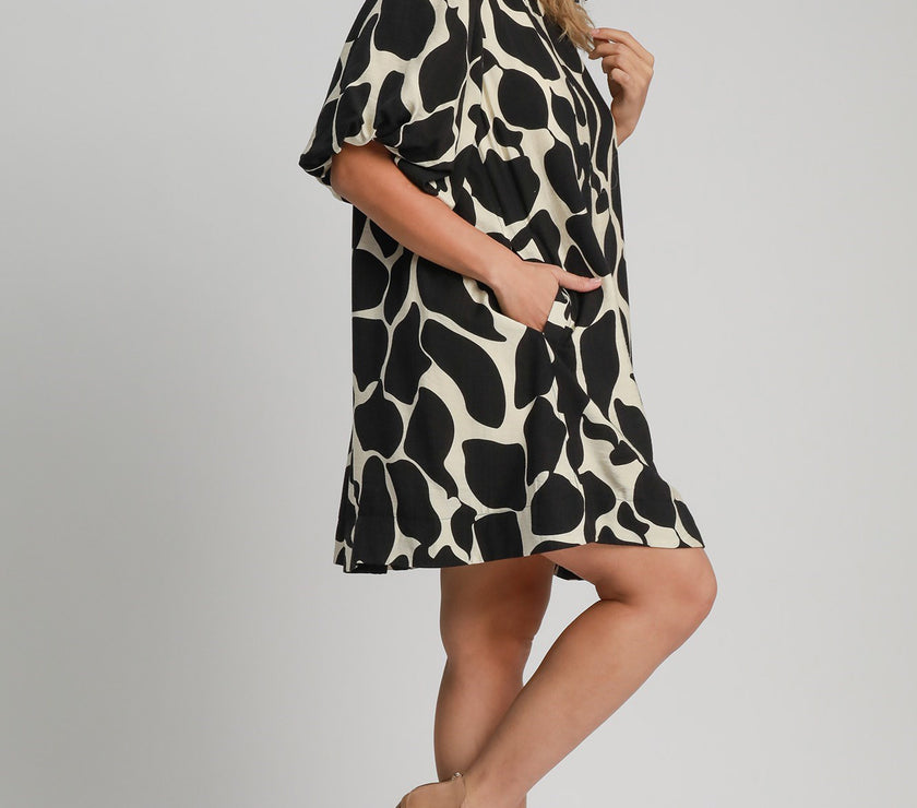 Umgee Full Size Two Tone Abstract Print Puff Sleeve Dress Plus Size